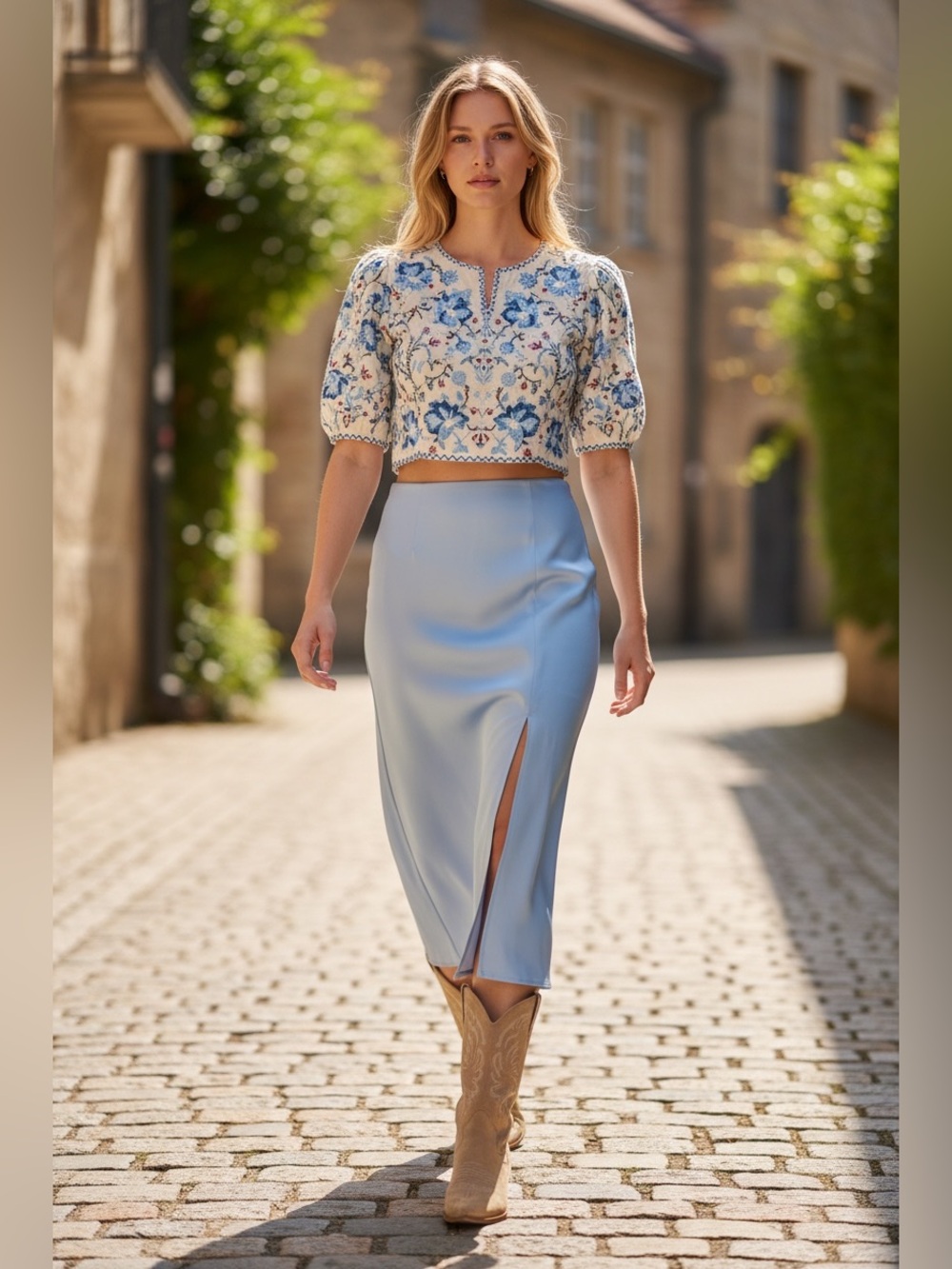 241 • Light Blue Flared Midi Skirt with Front Slit